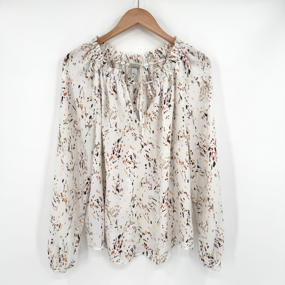 A New Day Womens Abstract Speckled Smocked Tie Neck Peasant Blouse White Large